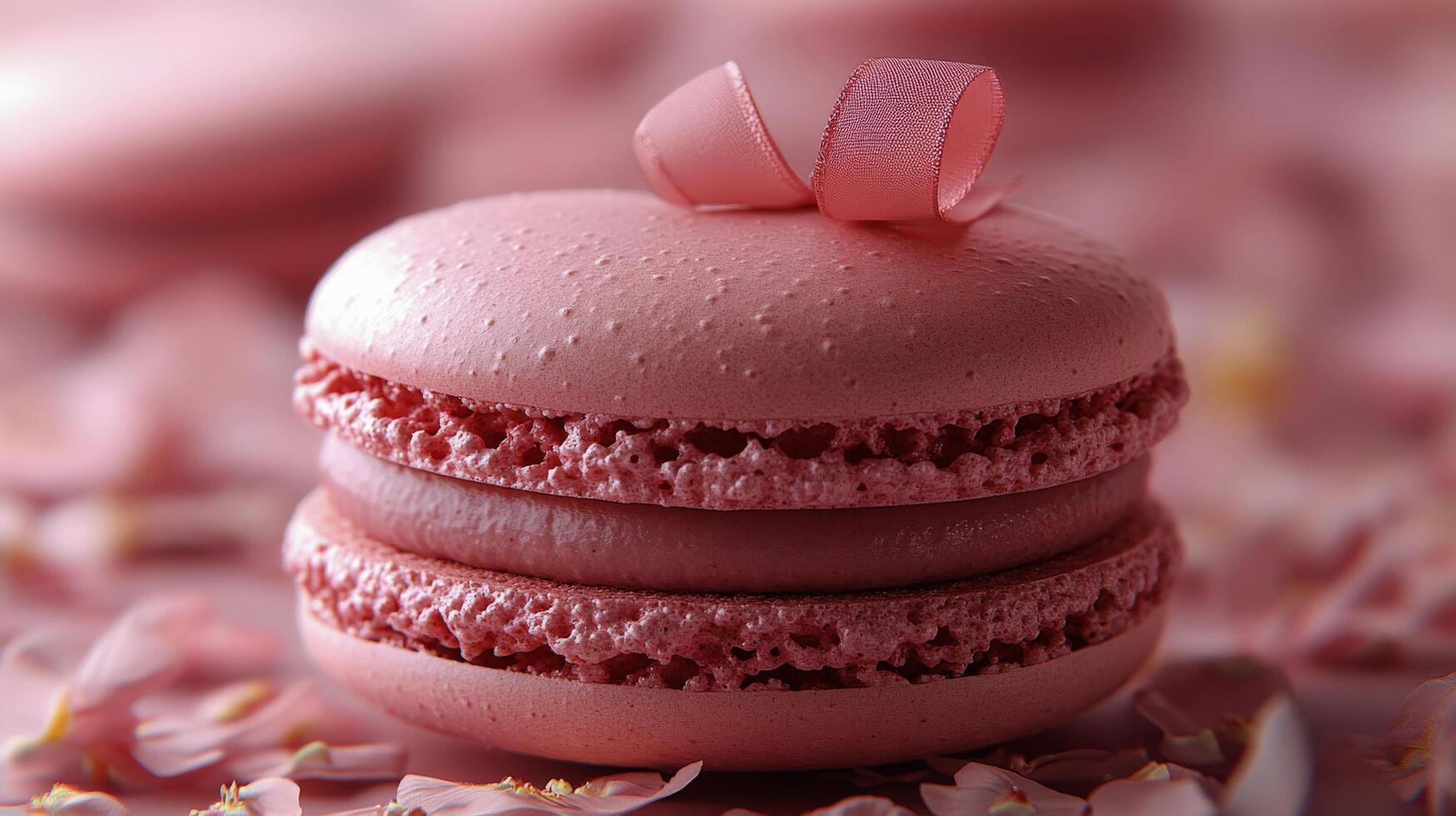 Delightful pink macarons adorned with a bow amidst a dreamy floral backdrop photo
