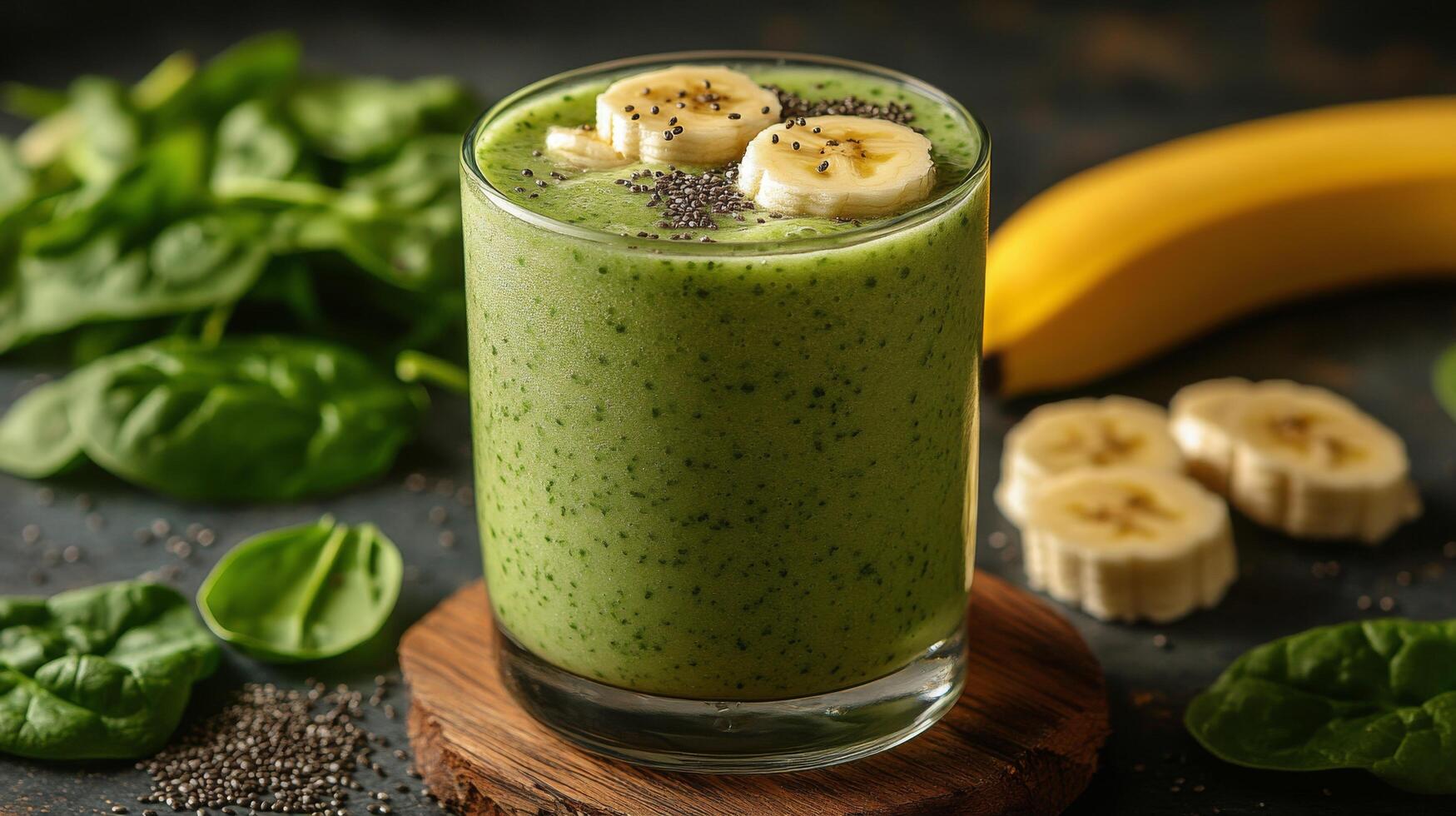 Refreshing green smoothie with spinach, banana, and chia seeds on wooden coaster photo