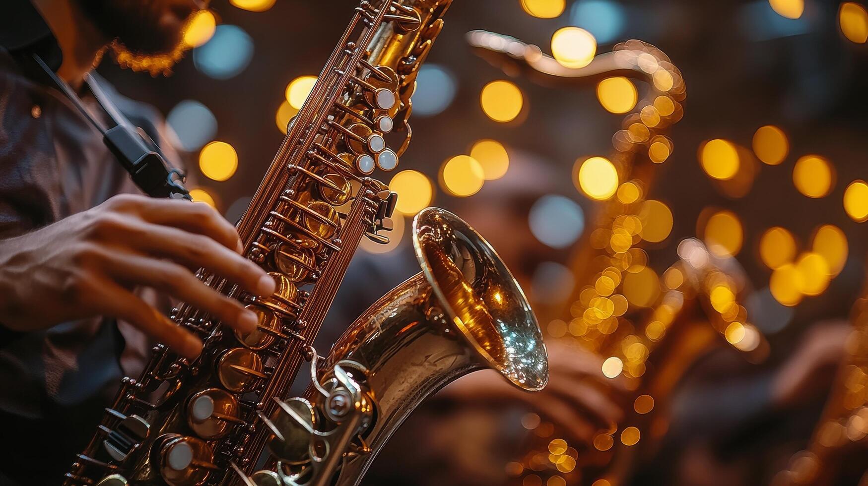 Musicians play saxophones during a lively night performance with warm lights in a vibrant venue photo