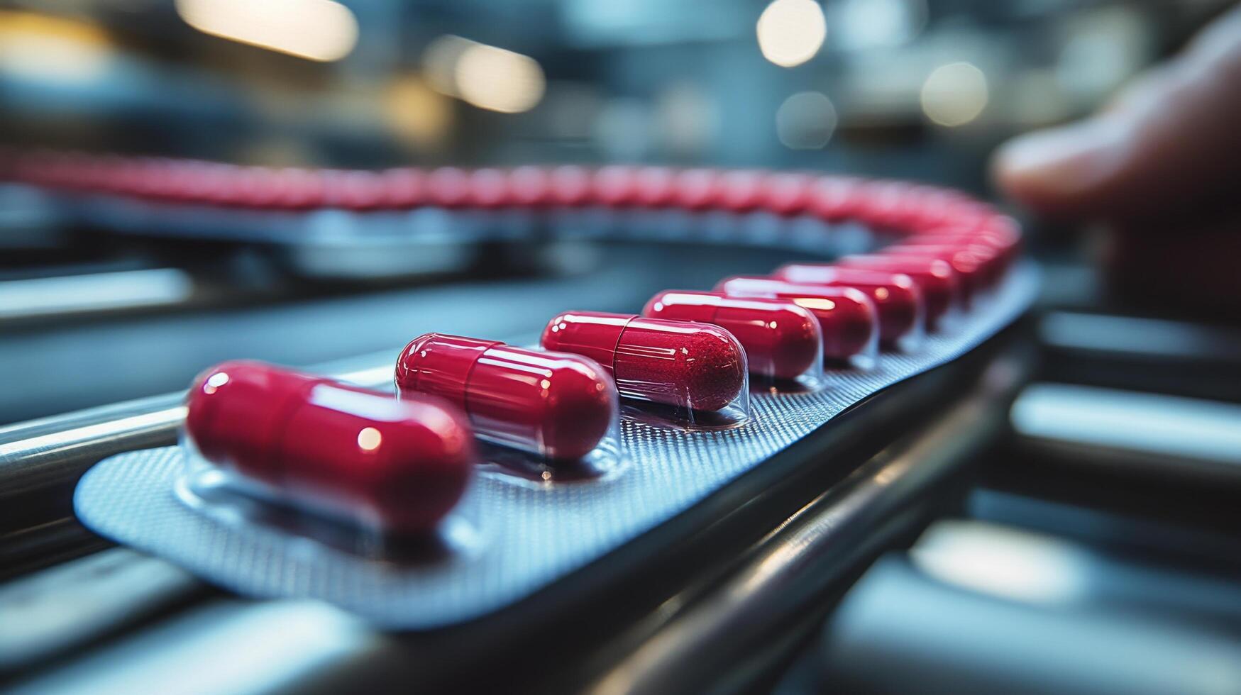 Production of purple pills in a pharmaceutical factory during a busy workday photo