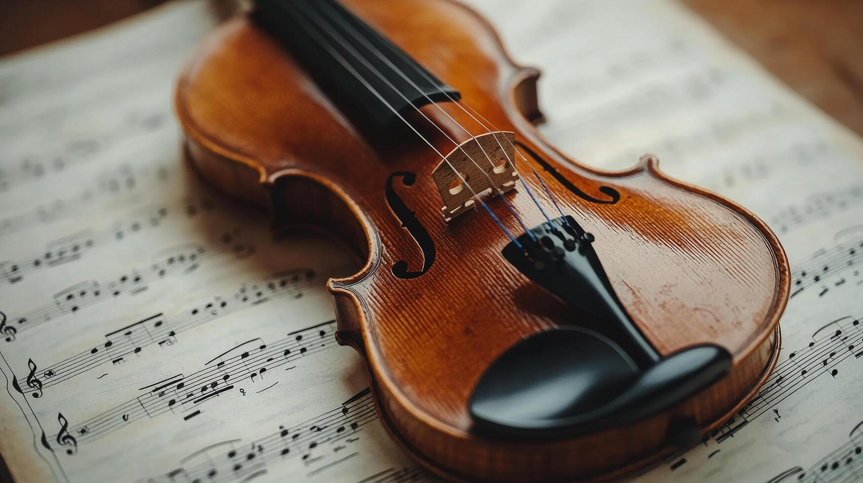 Violin resting on sheet music surrounded by glimmering lights during a serene evening photo