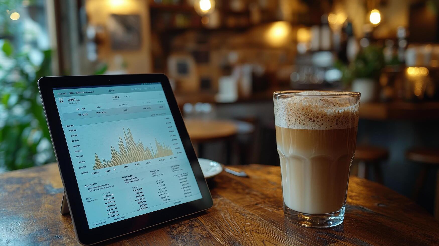 Coffee and technology blend in a cozy cafe setting with financial charts displayed on a tablet photo