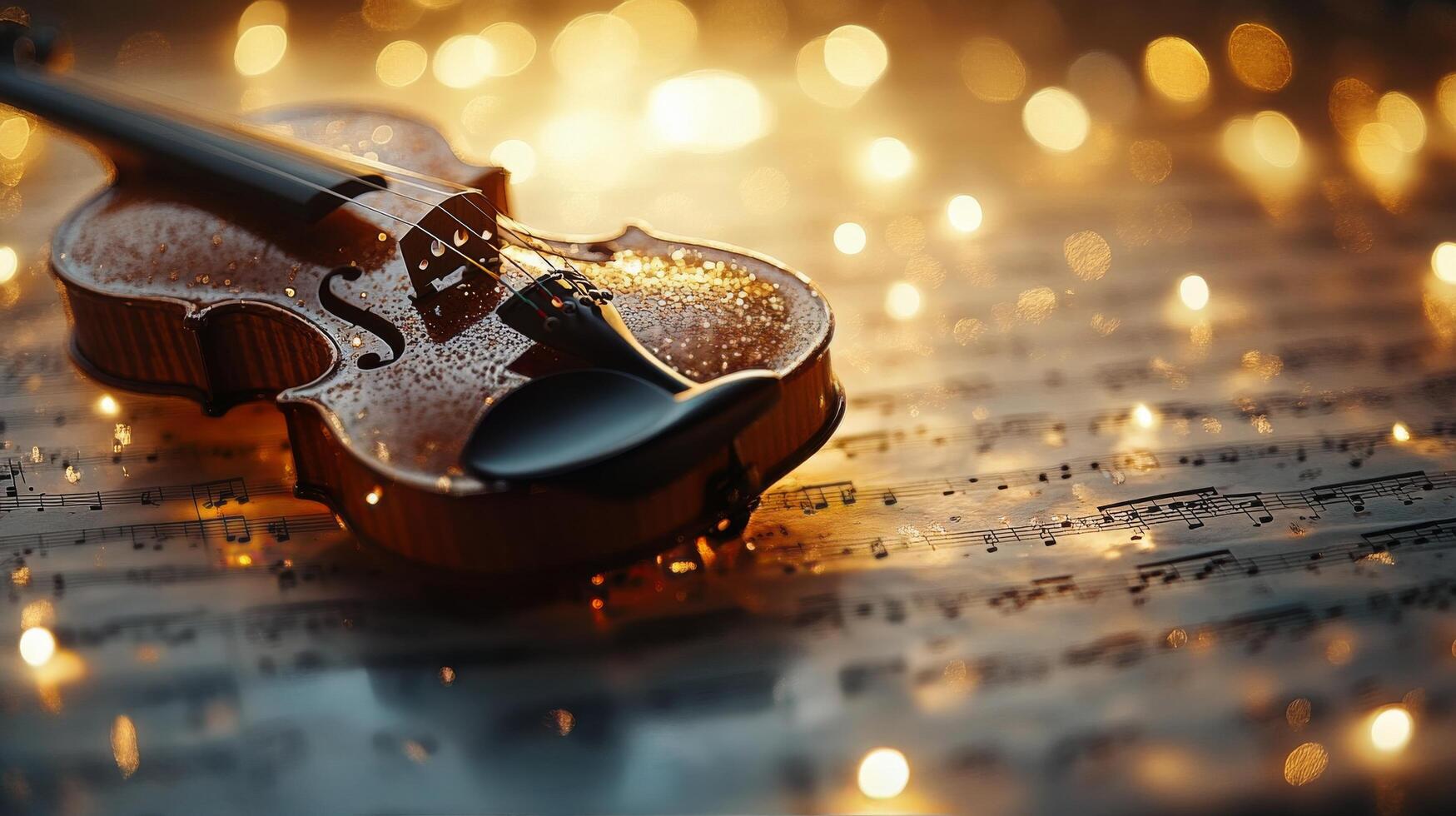 Violin resting on sheet music surrounded by glimmering lights during a serene evening photo
