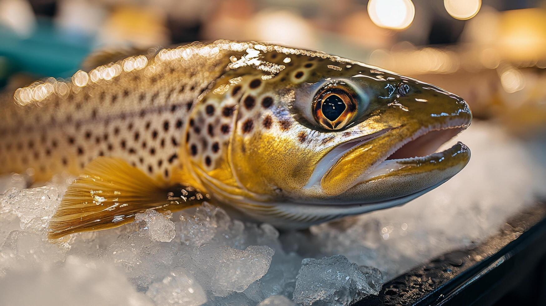 Freshly caught rainbow trout displayed on ice at a seafood market during the morning hours photo