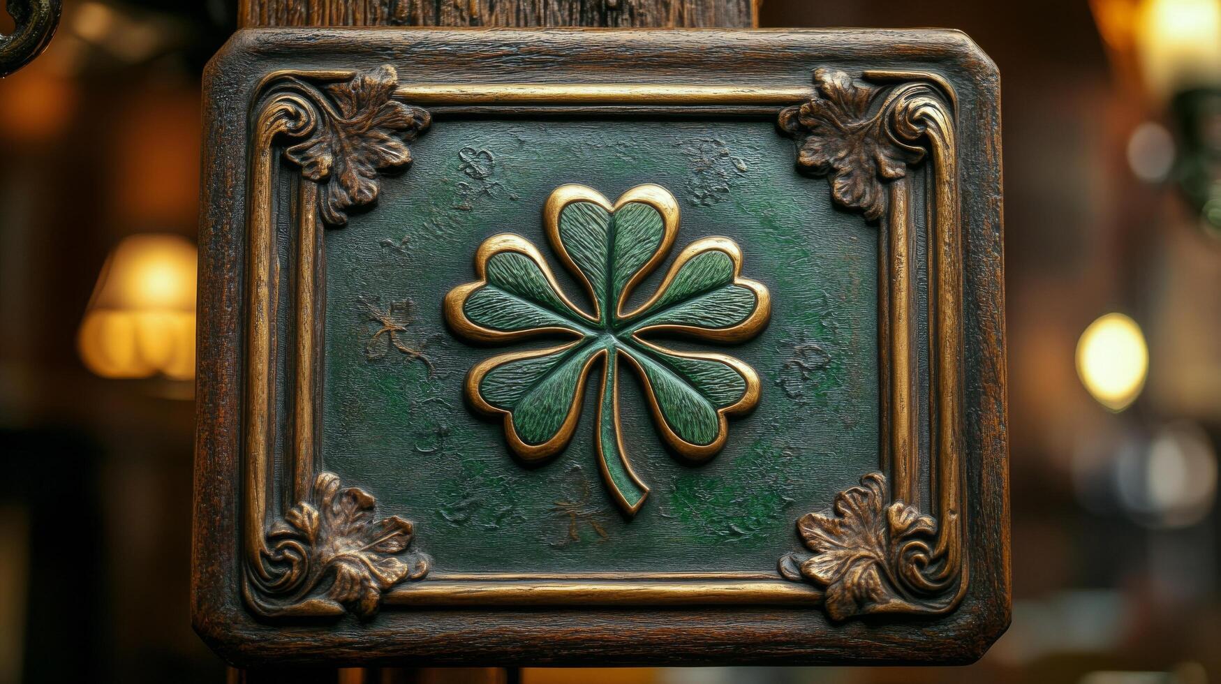 Vintage sign featuring a green clover in front of a cozy pub with warm lighting photo