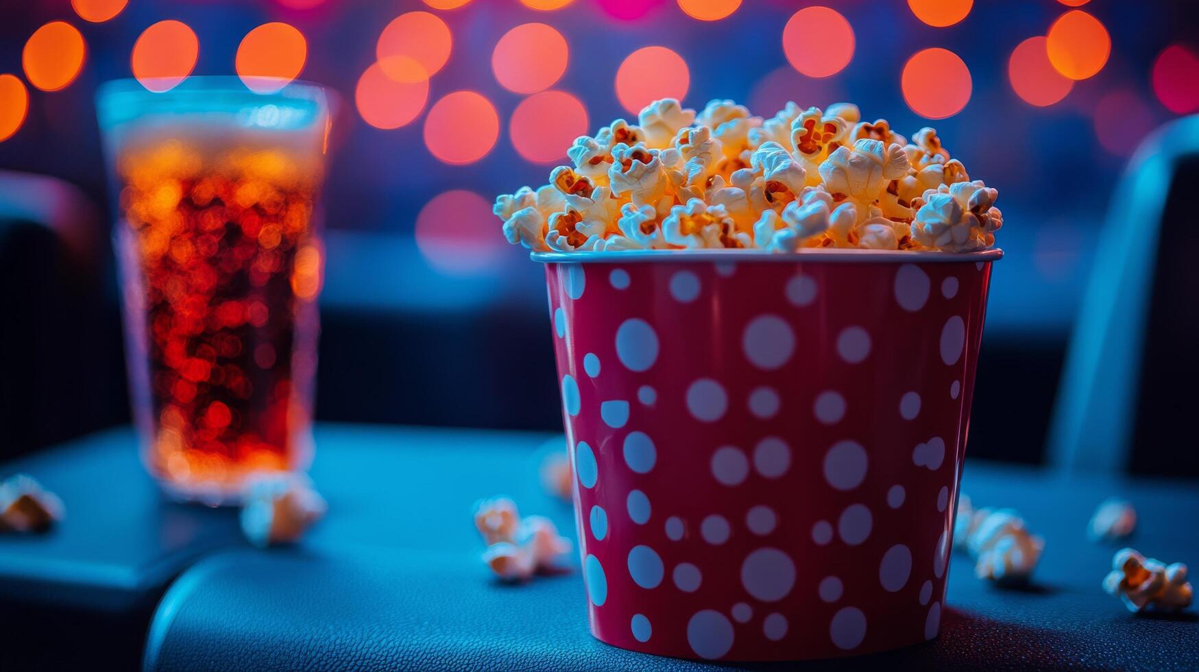 Popcorn in a vintage cinema setting during a movie screening at night photo