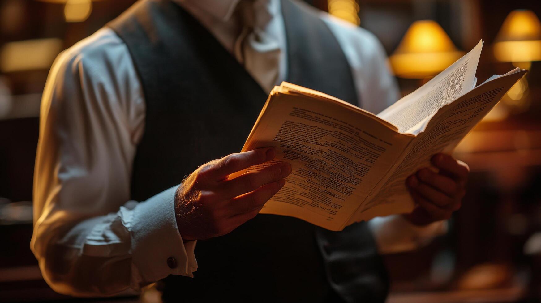 Man in formal attire reading a book in a dimly lit library with warm lighting photo