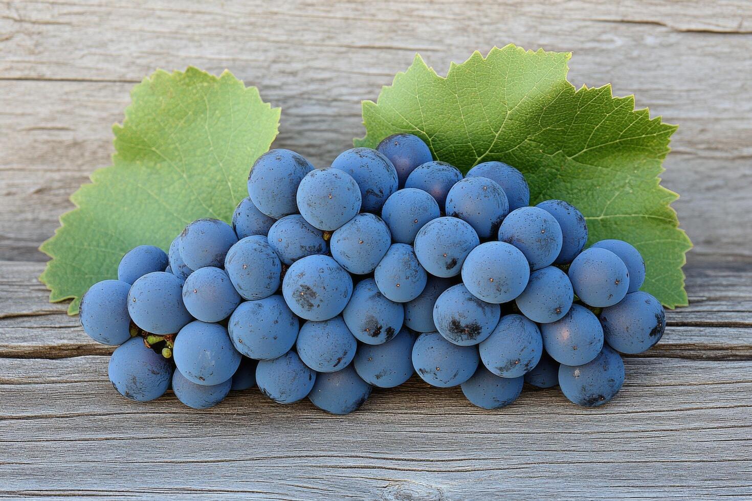 Green grapes arranged on a wooden surface with leaves in a lush garden setting during daylight photo