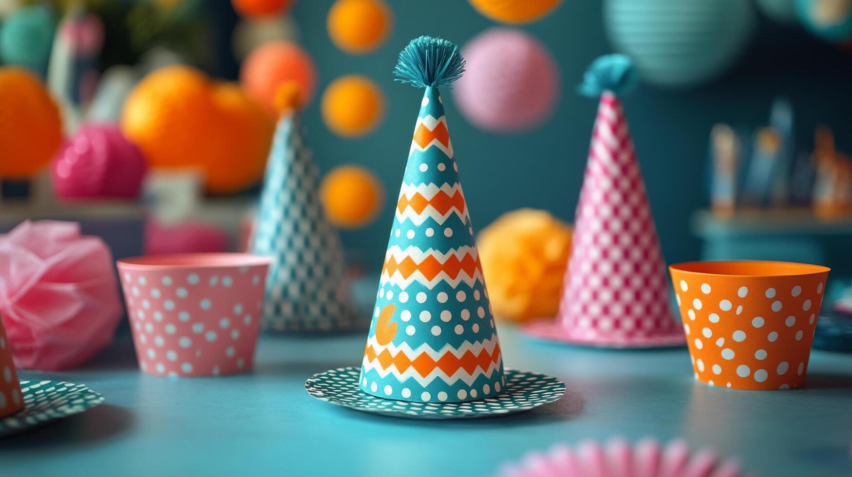 Colorful party hats on wooden table with festive lights in the background photo