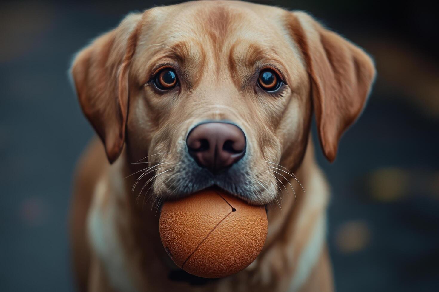 Happy dog holding a ball outdoors on a sunny day photo