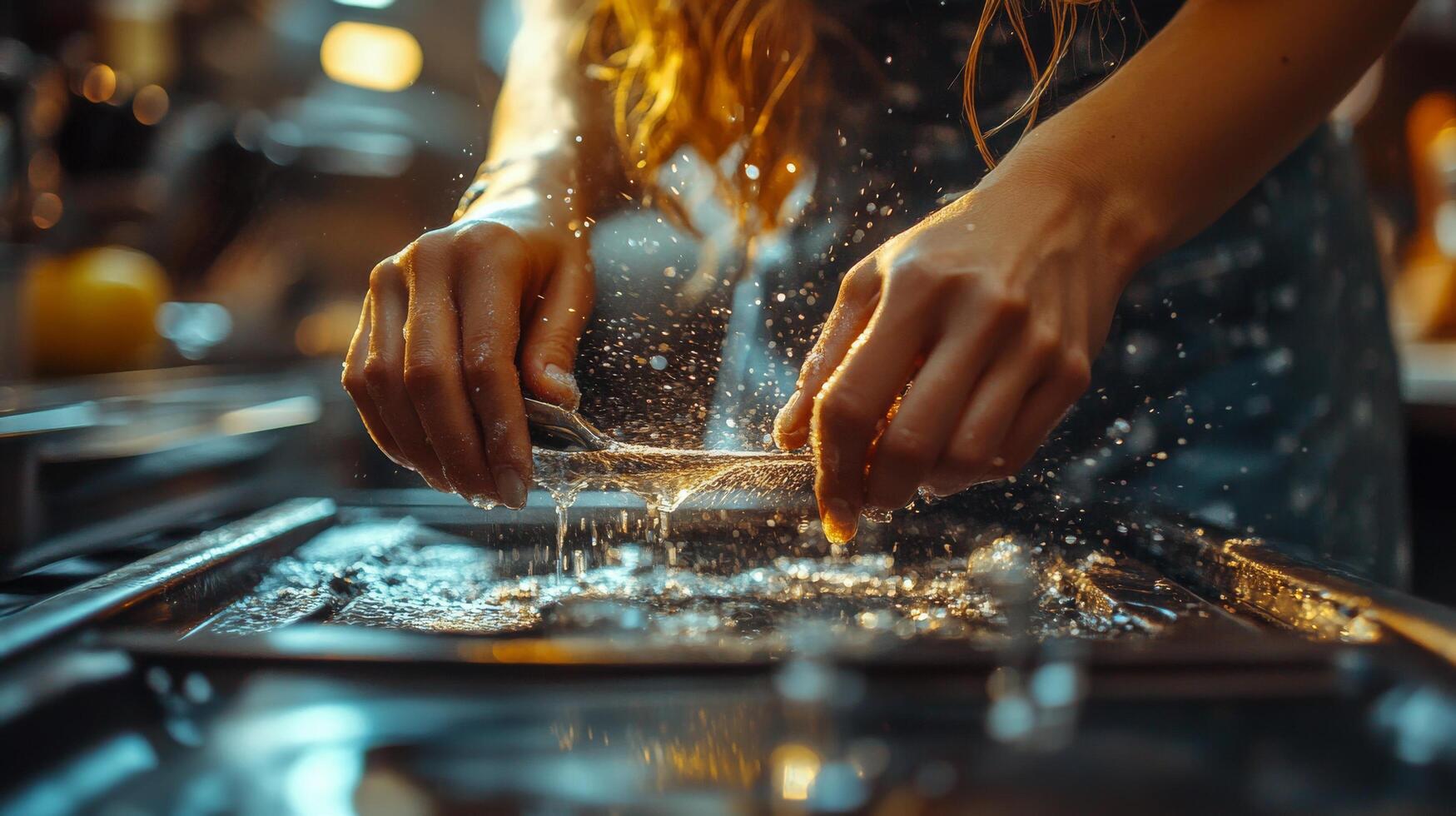 Flour dust fills the air as hands prepare dough in a cozy kitchen setting photo