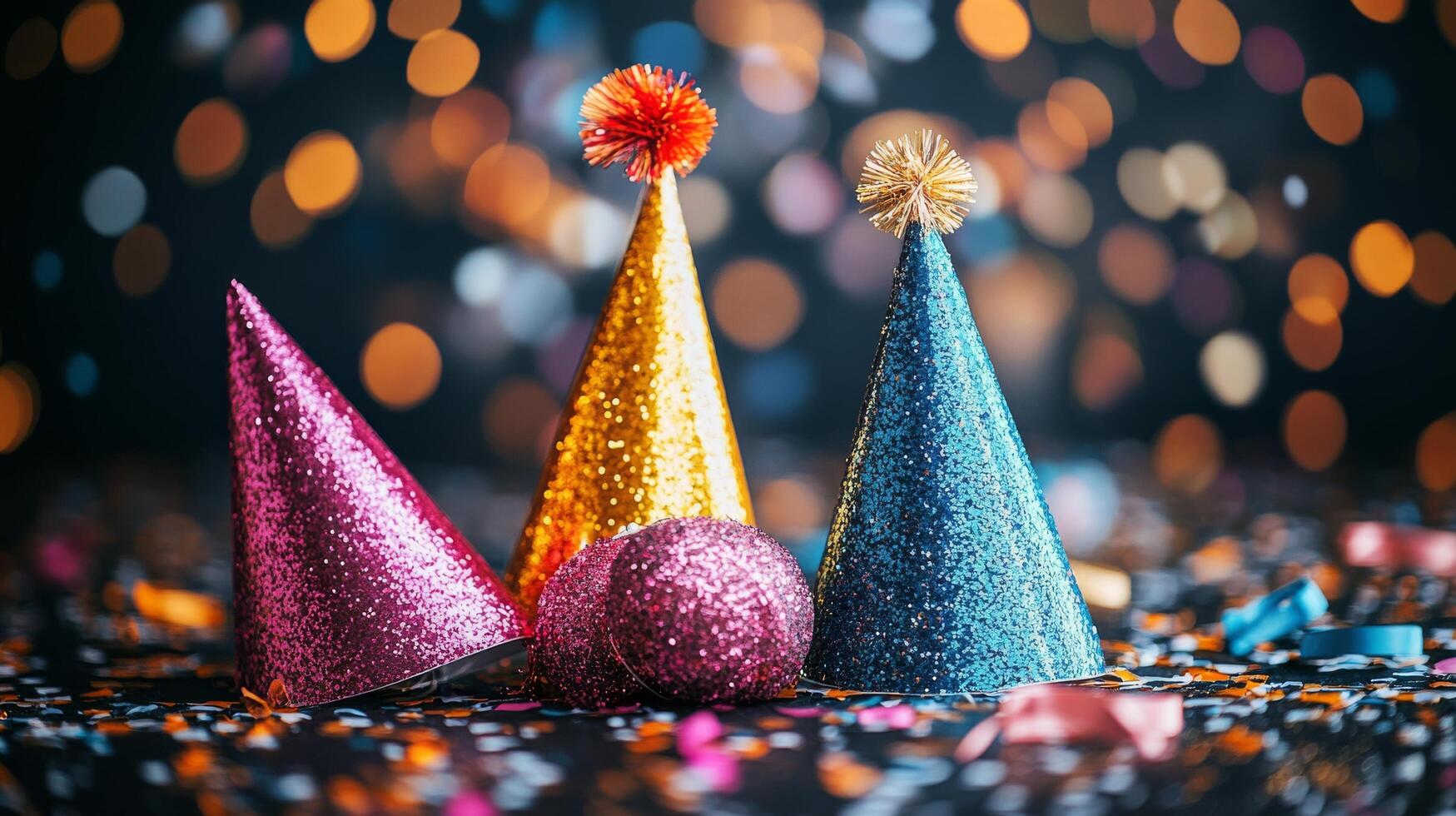 Colorful party hats on wooden table with festive lights in the background photo