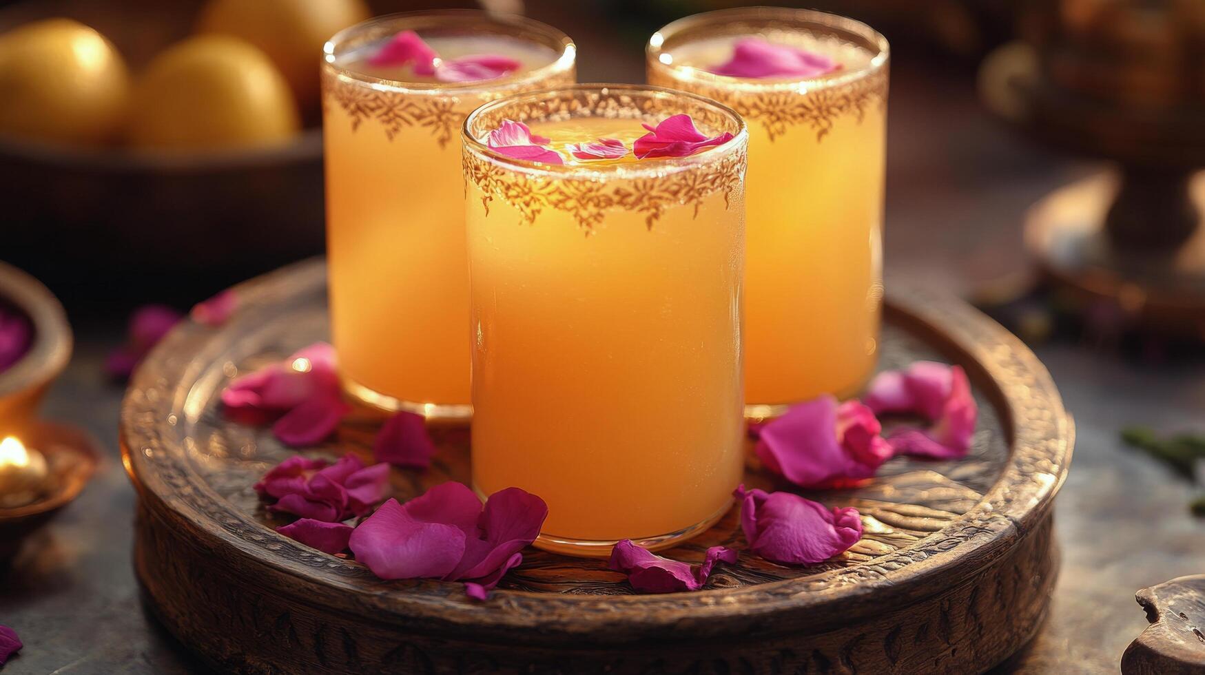 Refreshing drink served in ornate glasses on a decorative platter with rose petals photo