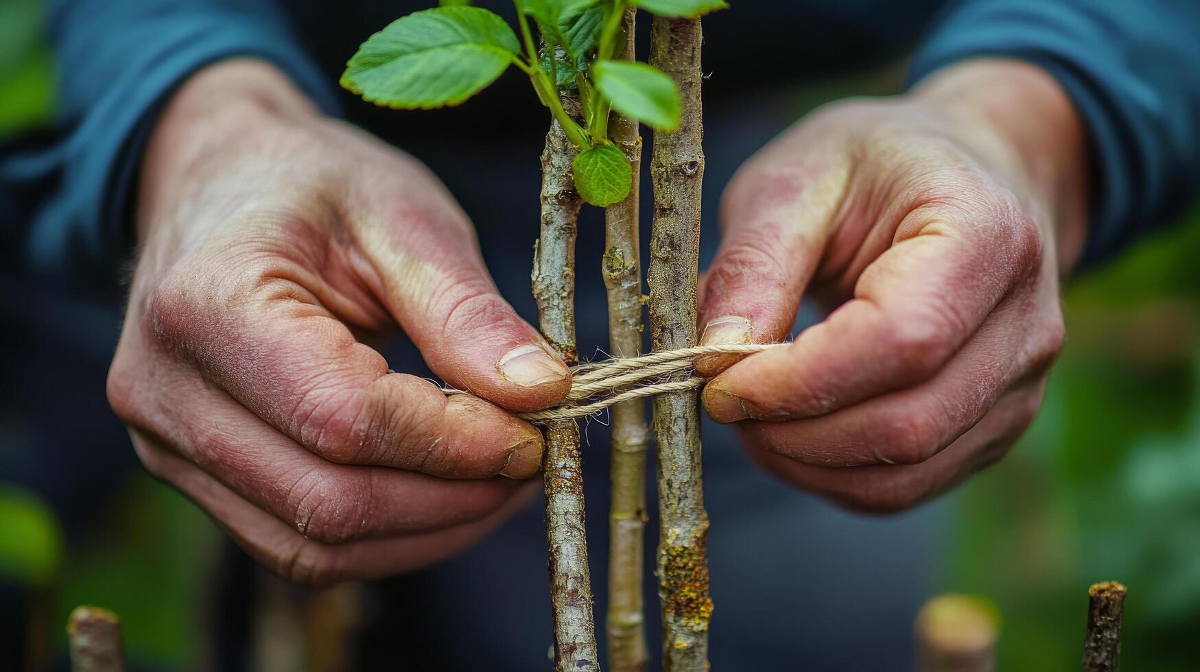 Hands binding a plant with yellow twine in a lush green environment during daylight photo