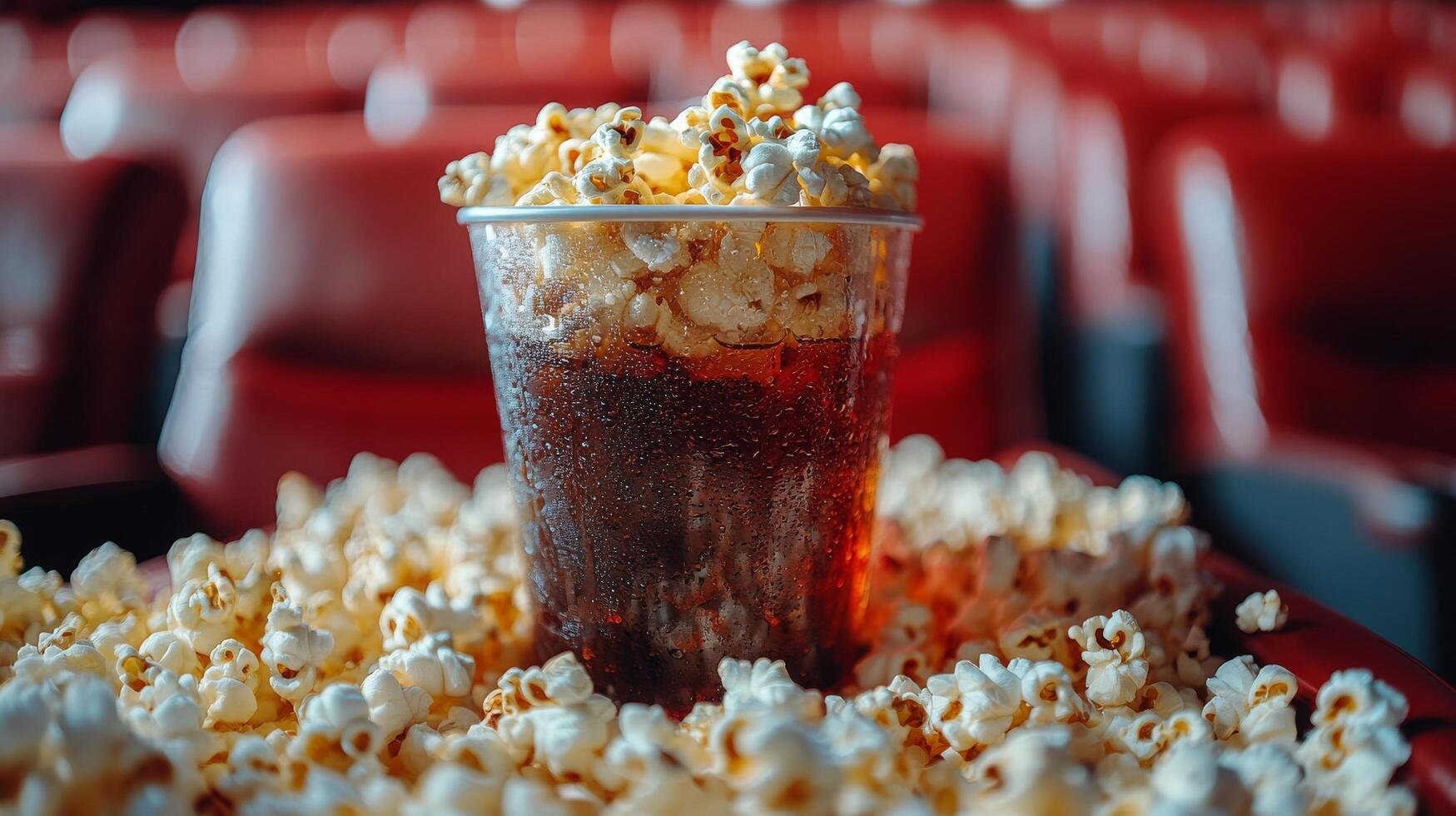 Popcorn in a vintage cinema setting during a movie screening at night photo