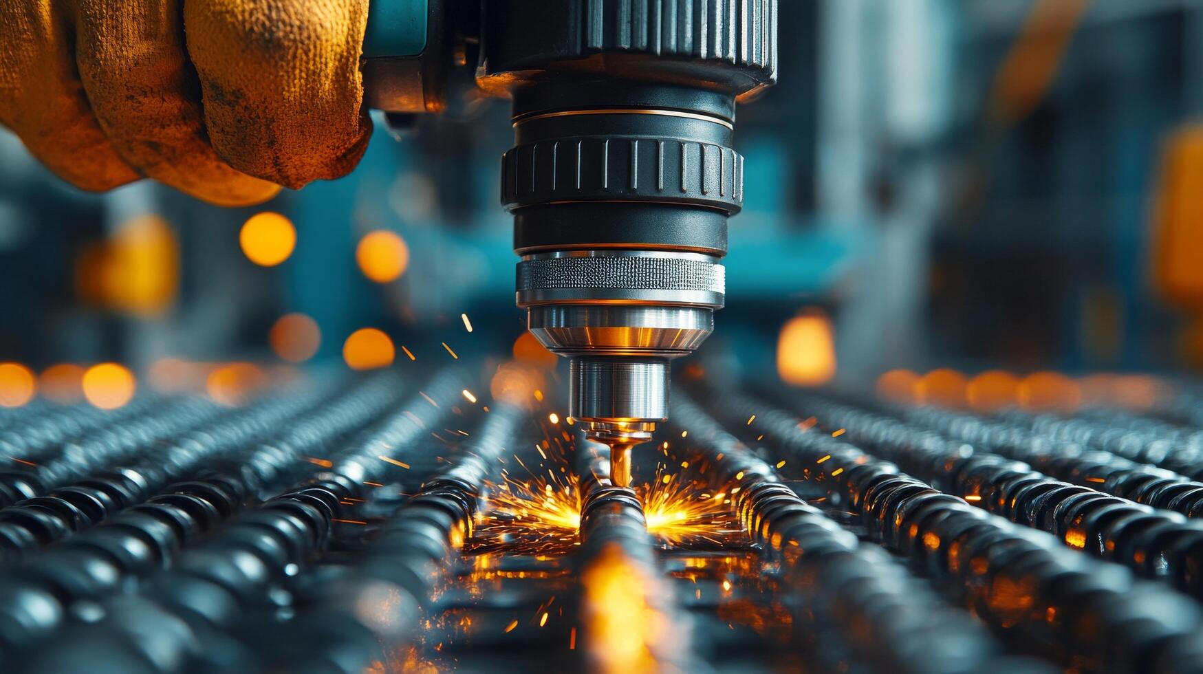 Precision metal cutting in a modern workshop with sparks flying during fabrication process photo