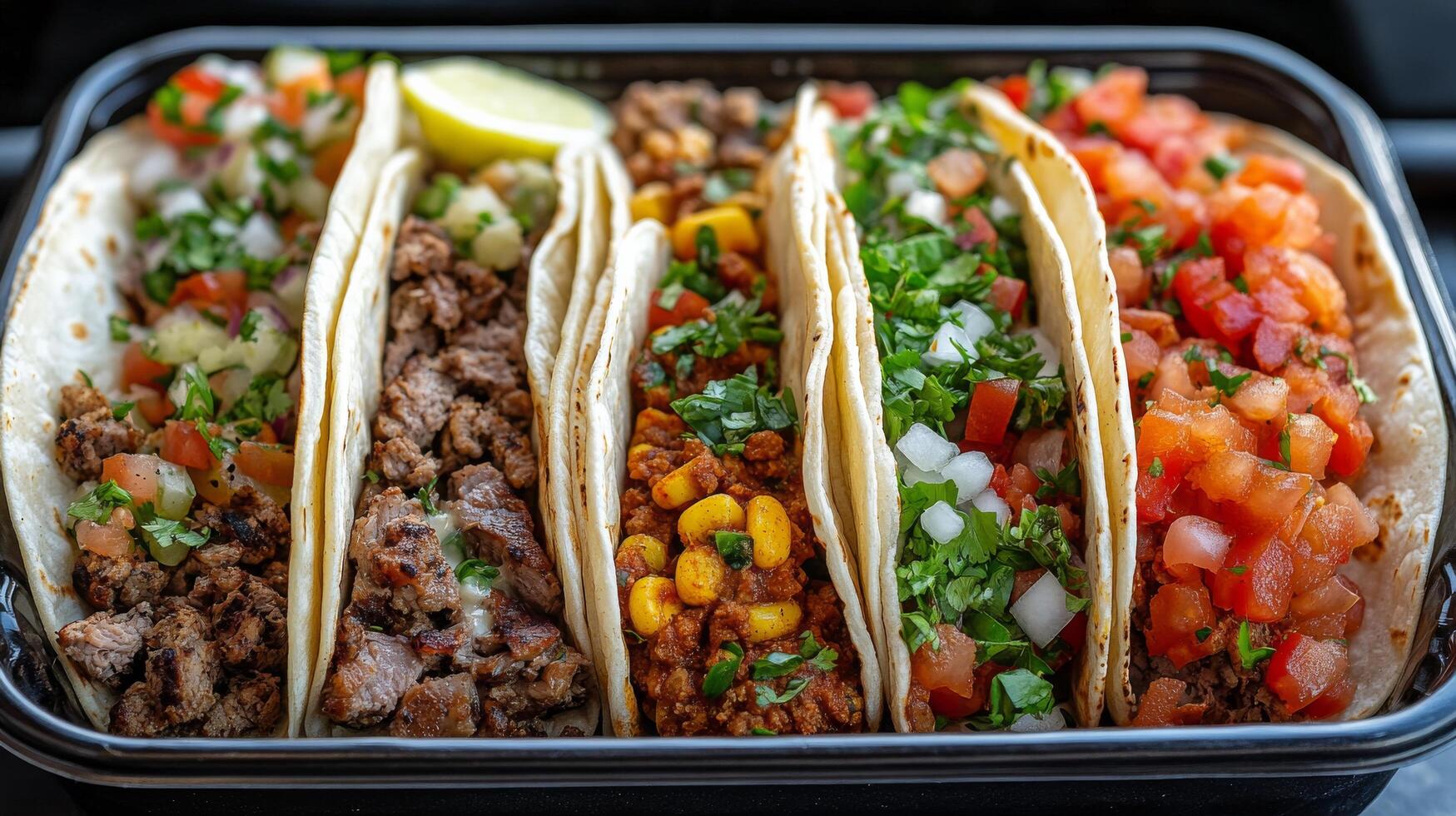Tasty taco platter with various fillings and fresh toppings in a vibrant setting photo