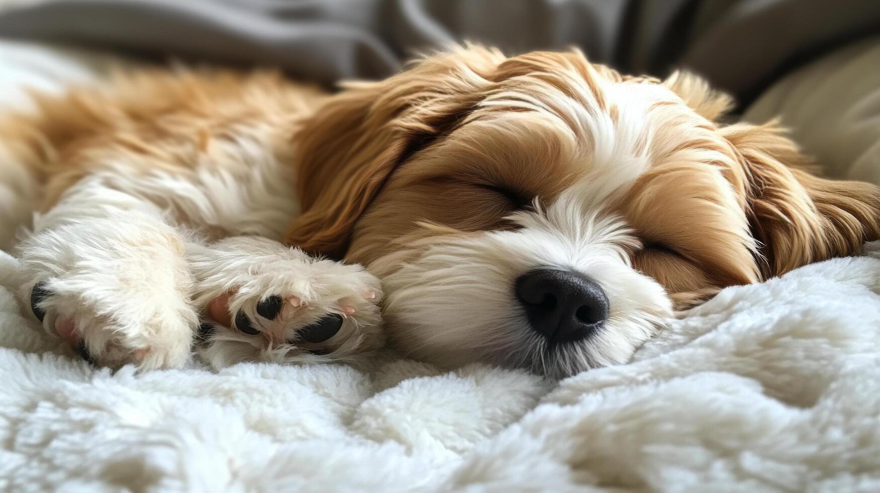 Cozy dog sleeping peacefully on a soft blanket in a comfortable indoor setting photo