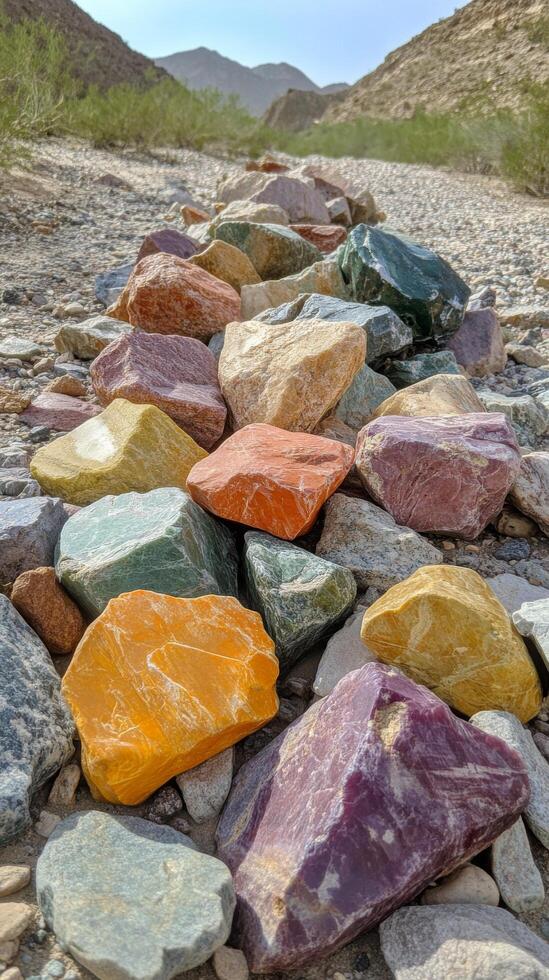 Colorful collection of smooth stones arranged on a natural surface in bright sunlight photo