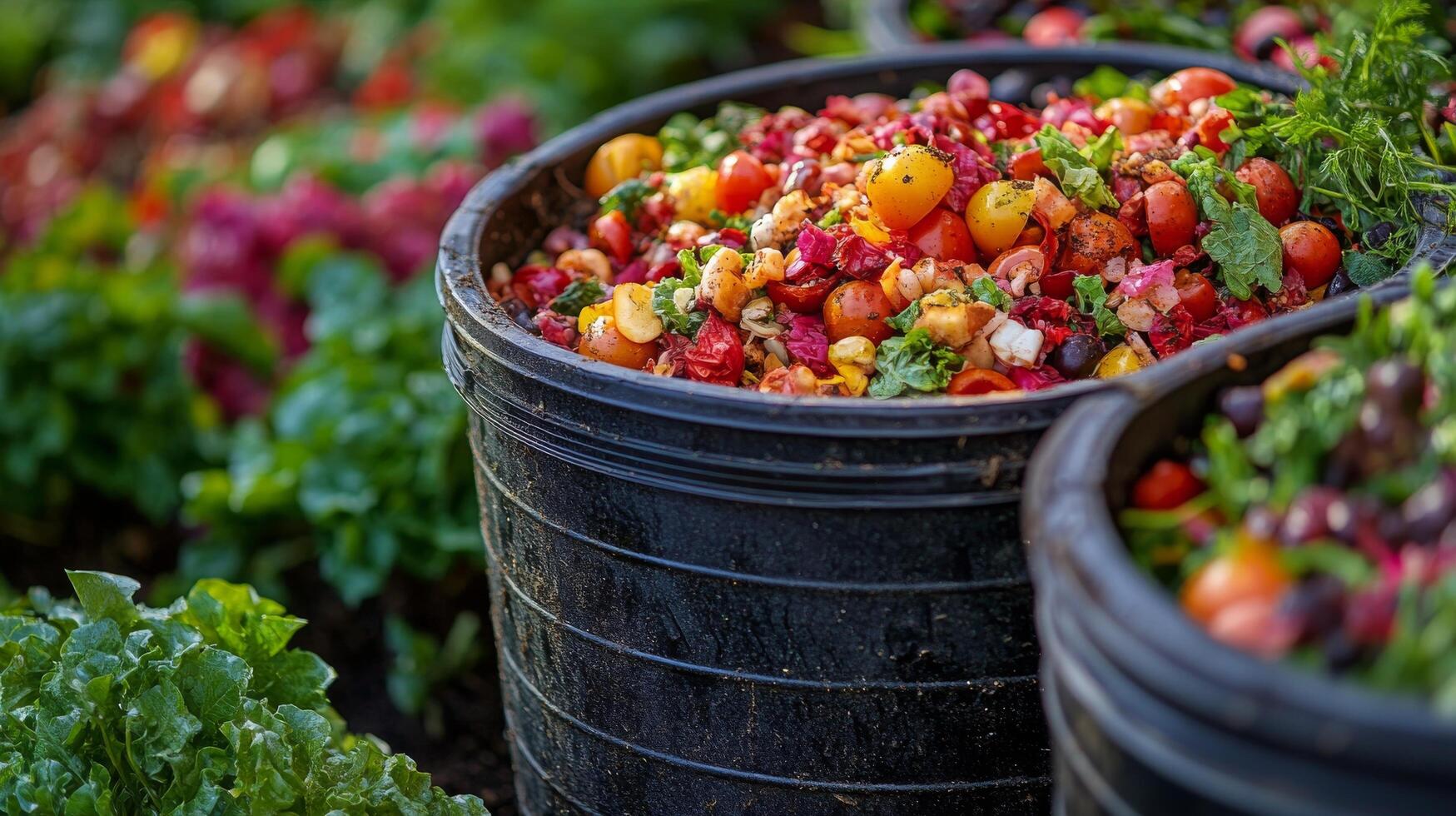 Colorful flower pot filled with organic mulch surrounded by vibrant blooms in a garden setting photo