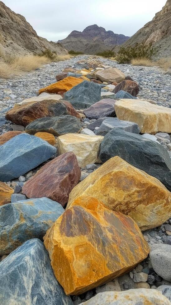Colorful collection of smooth stones arranged on a natural surface in bright sunlight photo