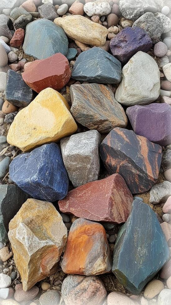 Colorful collection of smooth stones arranged on a natural surface in bright sunlight photo