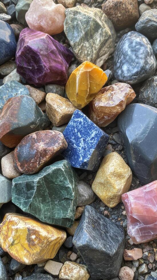Colorful collection of smooth stones arranged on a natural surface in bright sunlight photo