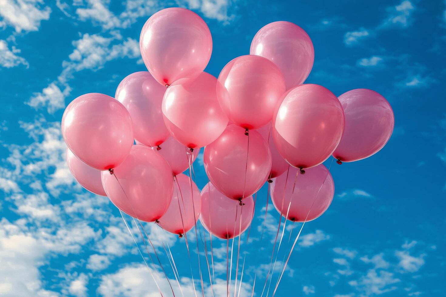 Pink balloons float against a bright blue sky with fluffy white clouds in a joyful outdoor setting photo