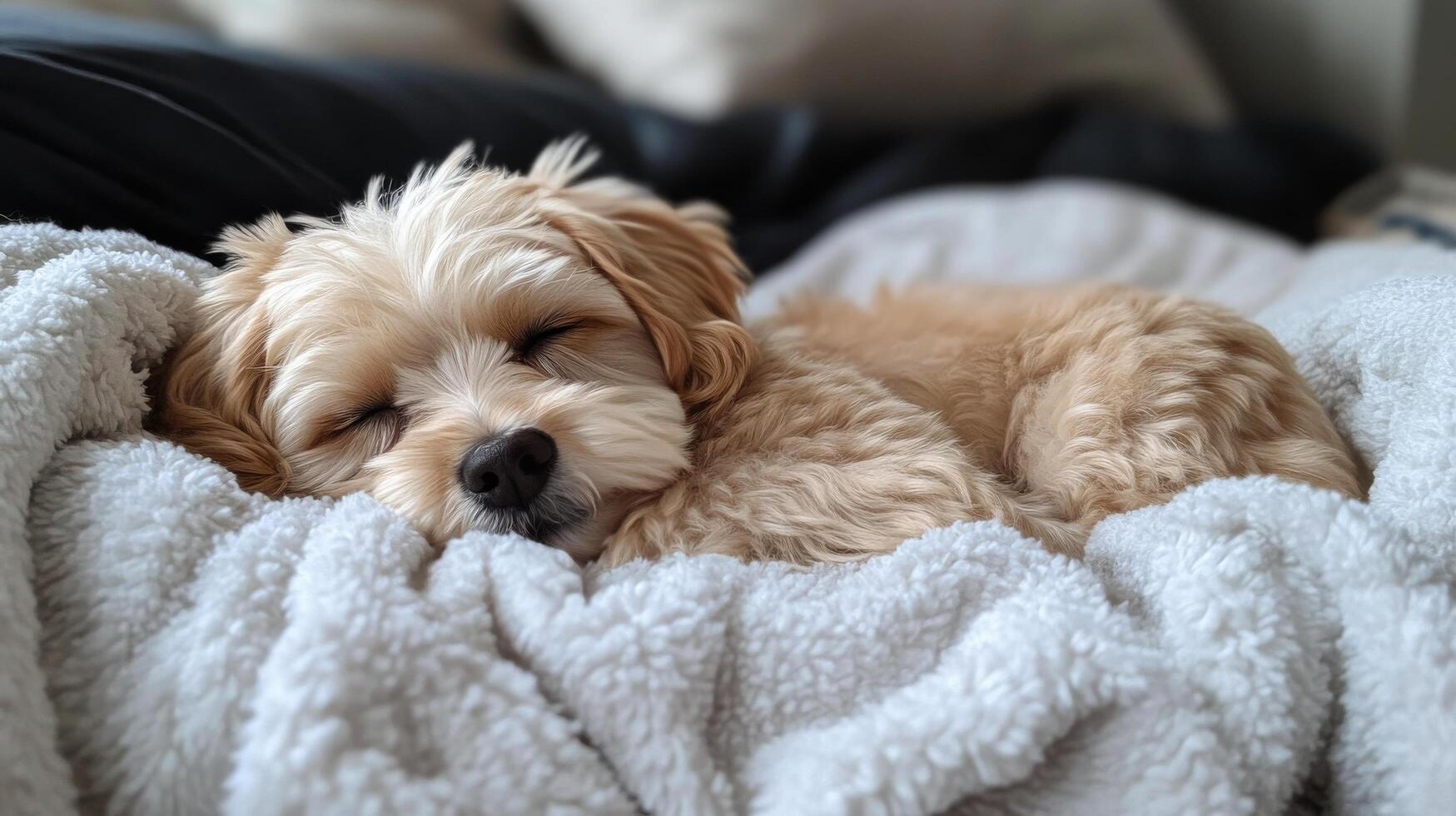 Cozy dog sleeping peacefully on a soft blanket in a comfortable indoor setting photo