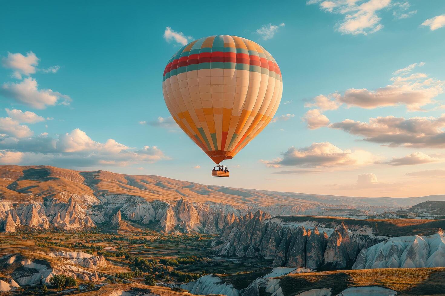 Hot air balloon soaring over rugged mountains under a beautiful sky at dusk photo