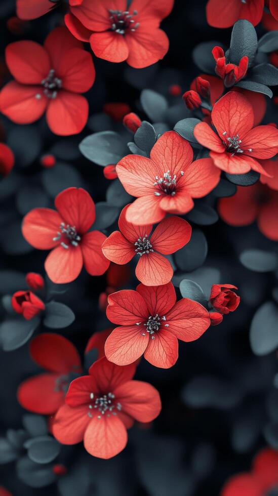 Vibrant red flowers blossom amidst lush green foliage in a serene garden setting photo