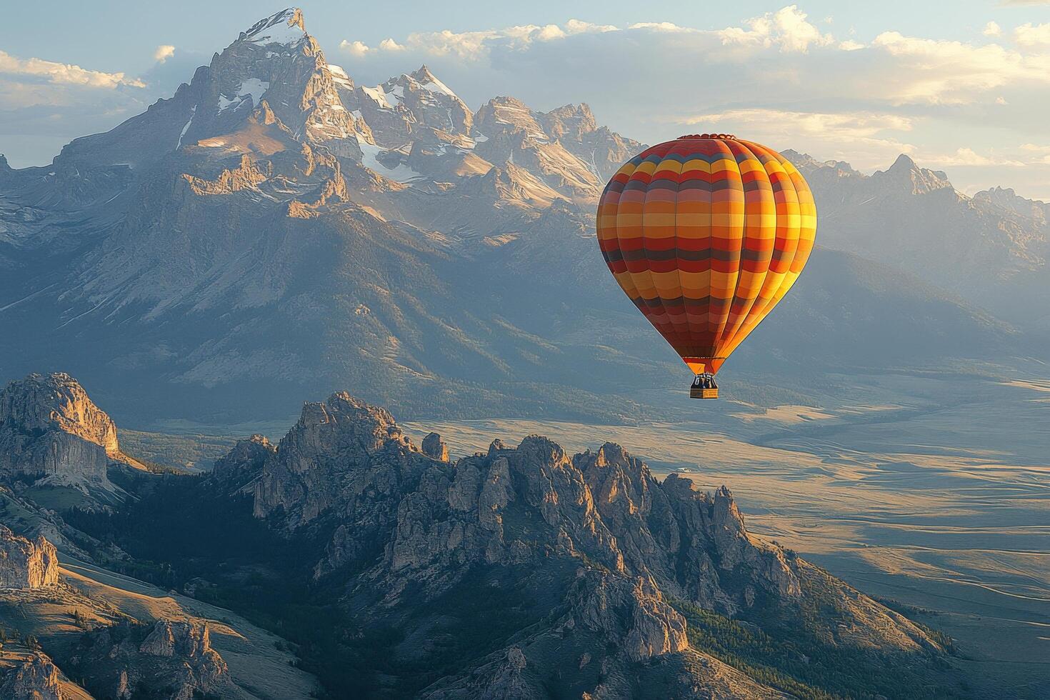 Hot air balloon soaring over rugged mountains under a beautiful sky at dusk photo