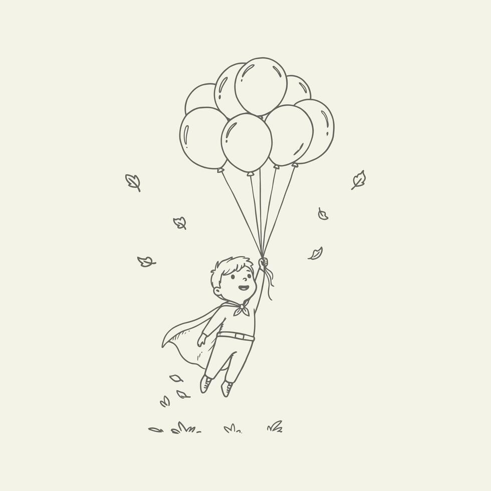 A cheerful young boy dressed as a superhero floats upwards held aloft by a bunch of balloons. vector