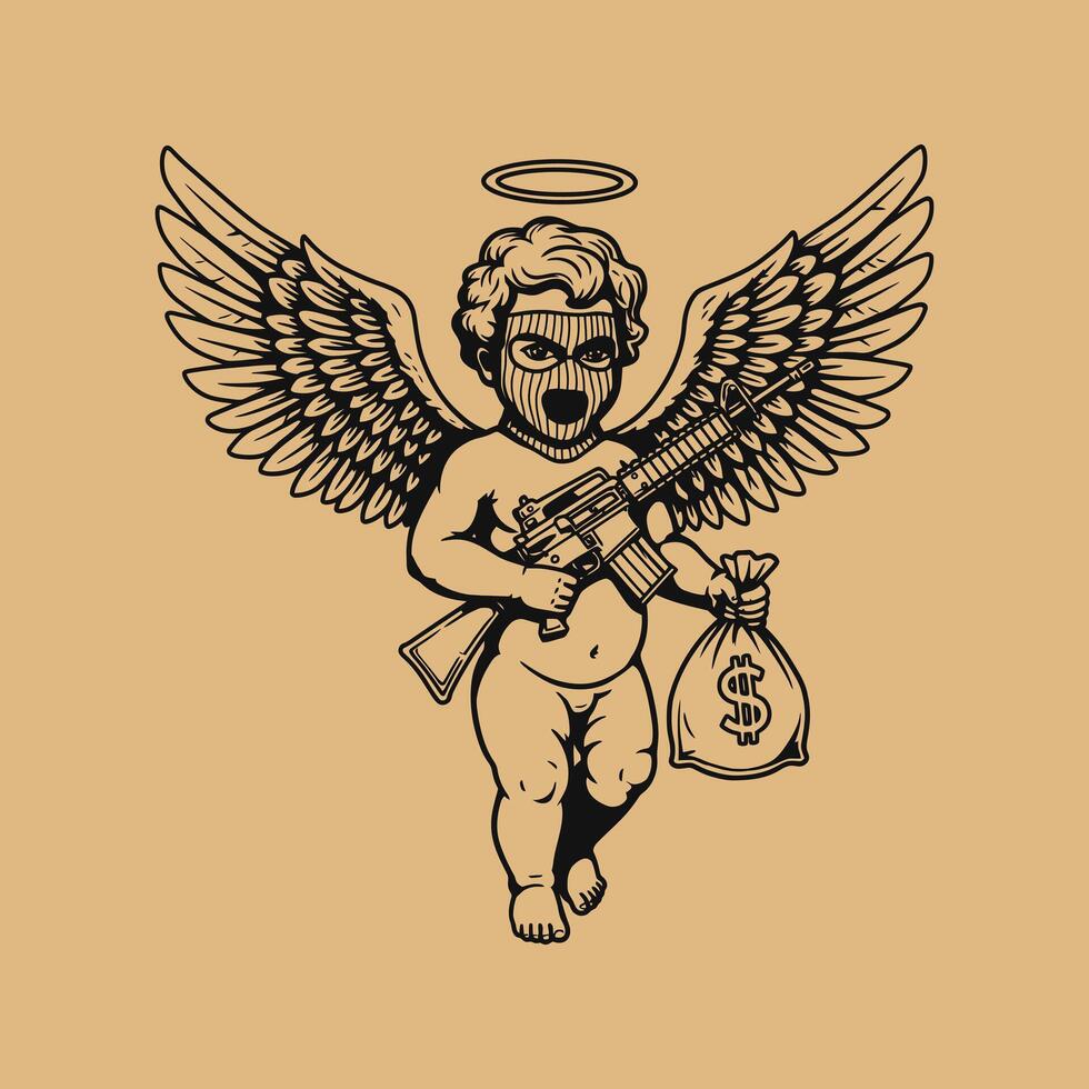 A cherubic angel figure wielding a rifle and carrying a bag of money presents a paradoxical image of innocence and violence. vector
