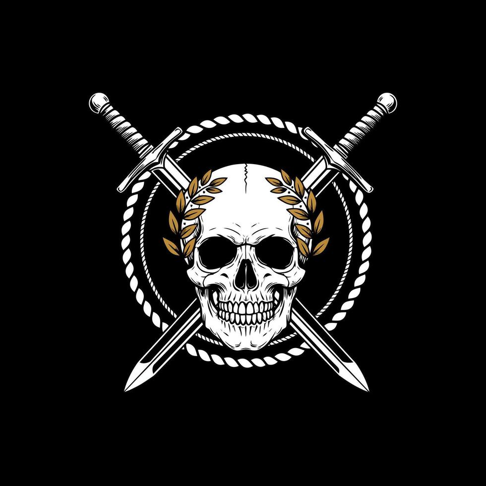 A detailed graphic illustration of a skull wearing a laurel wreath and crossed swords behind it within a rope circle. vector