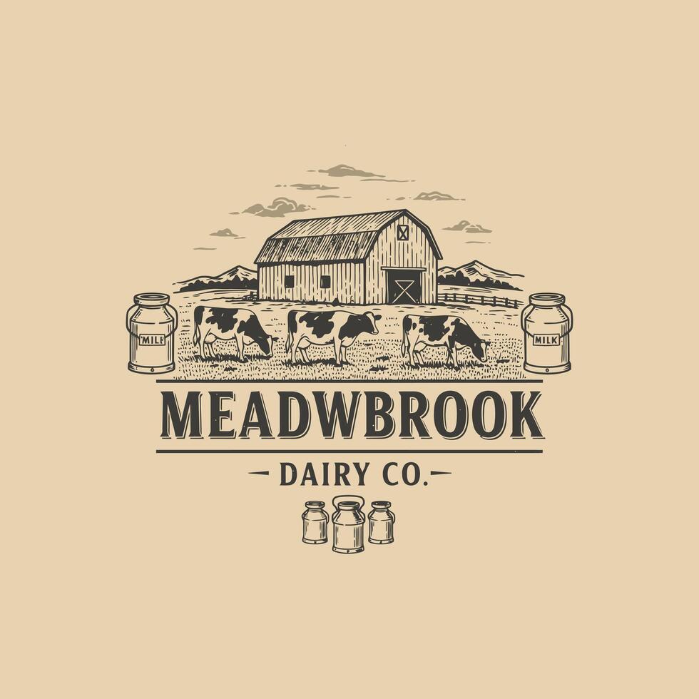 A vintage style logo for Meadwbrook Dairy Company depicts cows grazing near a barn in a pastoral setting. vector
