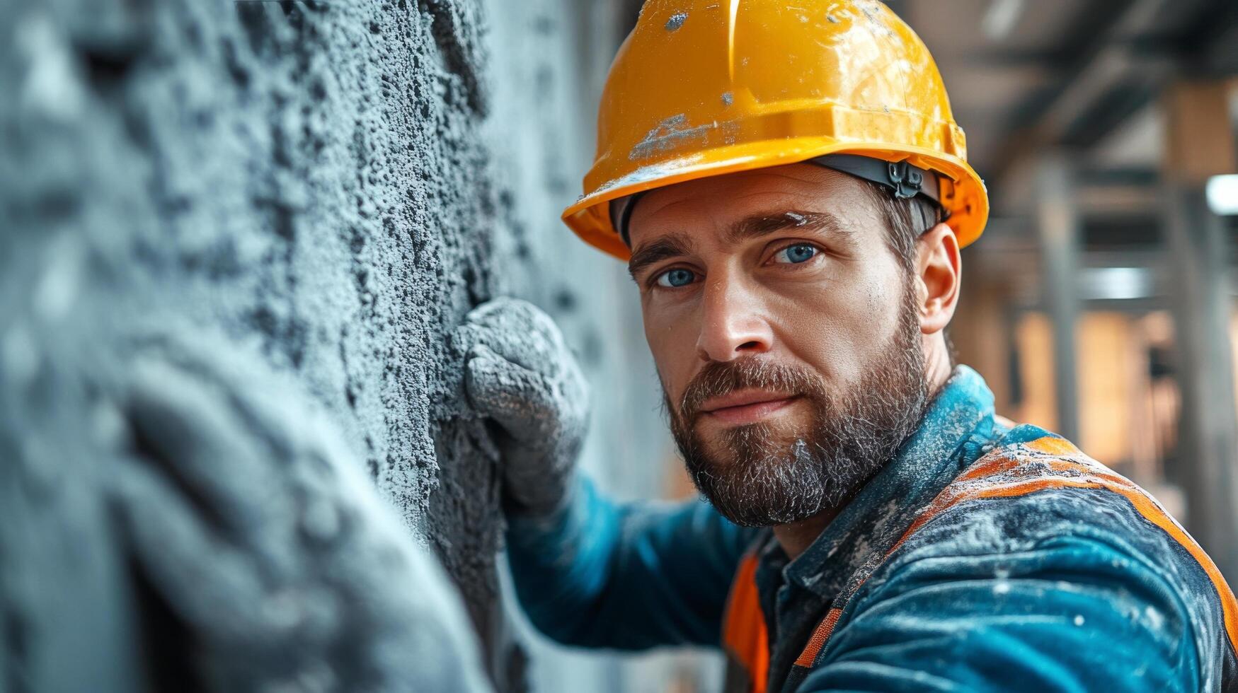 Construction worker applying plaster with a smile at a building site during the day photo