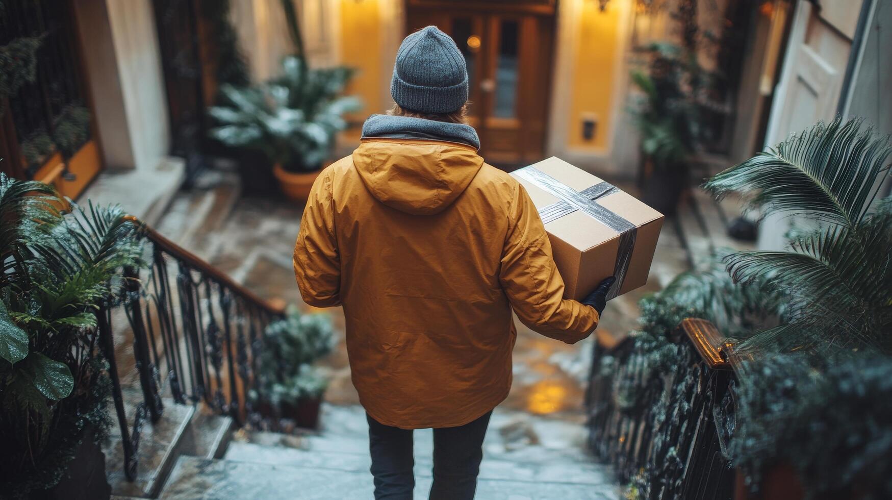 Delivery service worker sorting packages in a warehouse during daylight hours photo