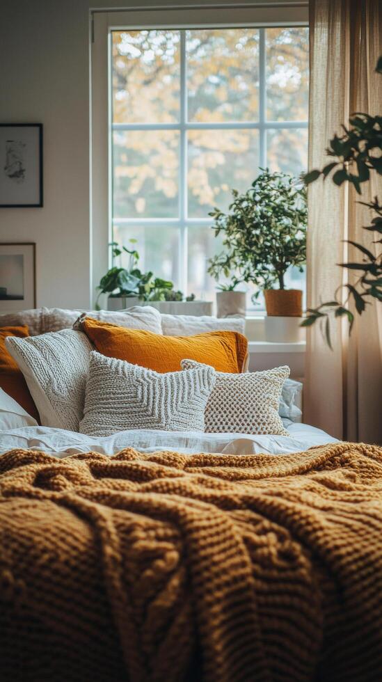 Cozy bedroom with neutral tones and natural textures for a relaxing atmosphere photo