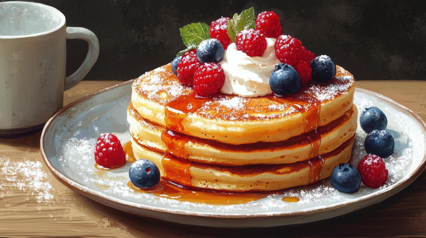 Delicious stack of pancakes topped with berries and whipped cream served with coffee photo