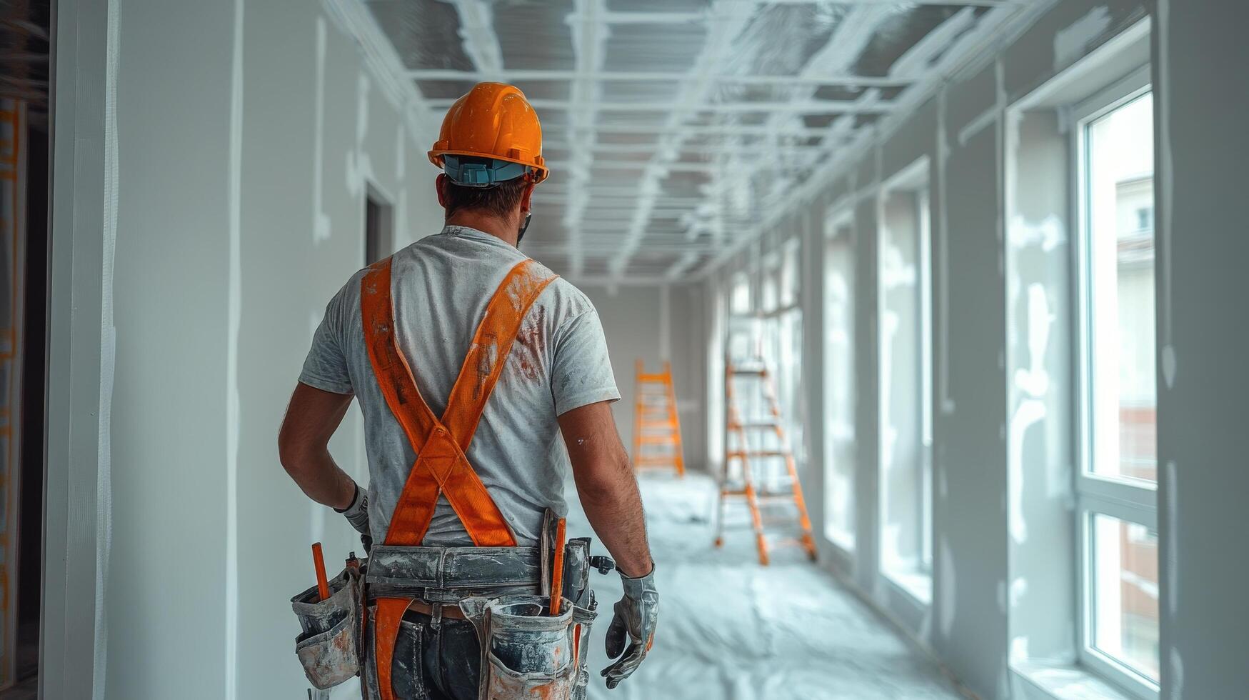 Construction worker focused on tasks in urban workshop during daylight photo