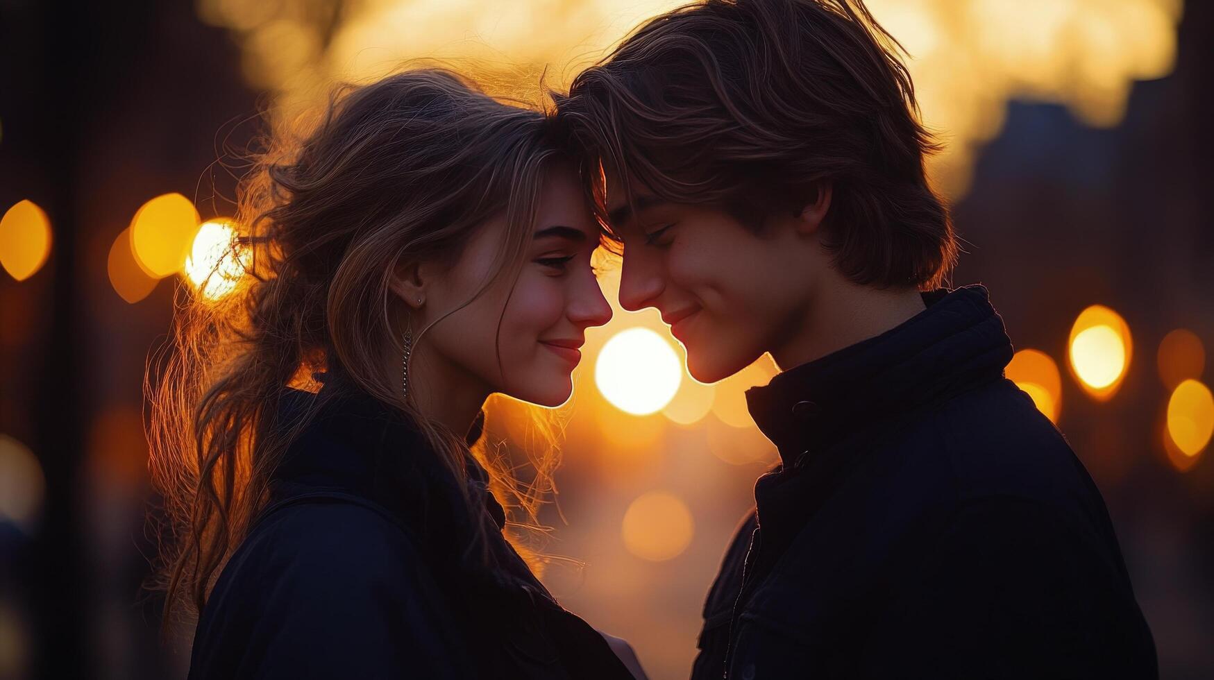 Young couple sharing a romantic moment during sunset in the city street photo