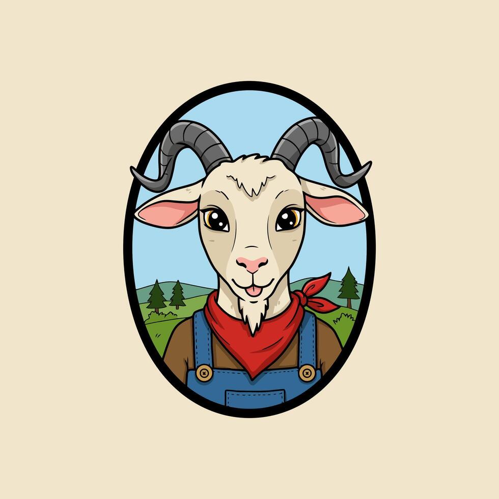 A cheerful cartoon goat in overalls and a red bandana smiles against a backdrop of a peaceful rural landscape. vector