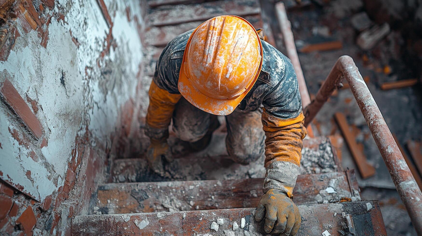 Construction worker climbing stairs in a dilapidated building during daytime hours photo