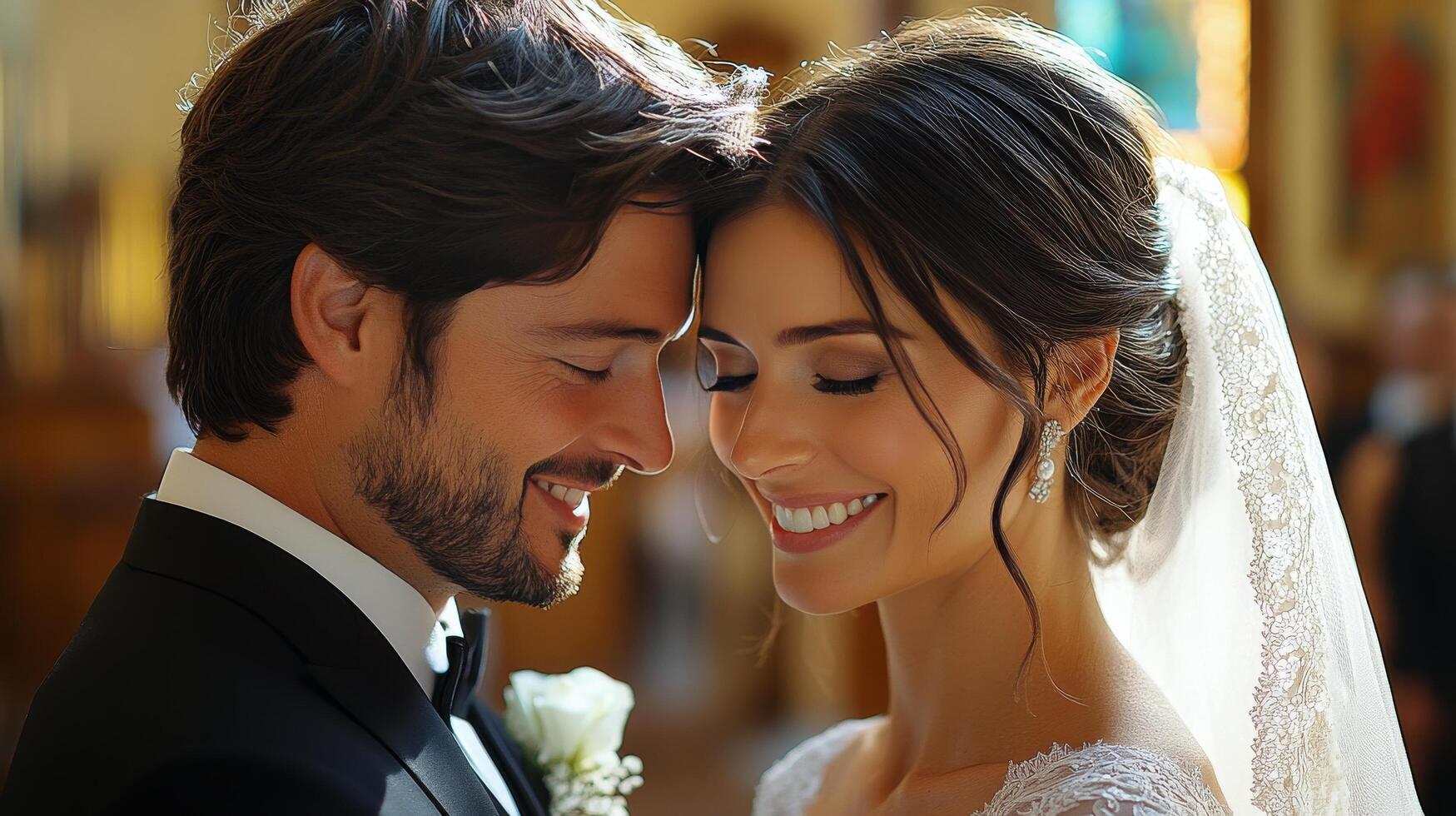 Elegant couple share a tender moment during their wedding ceremony in a beautifully decorated venue photo