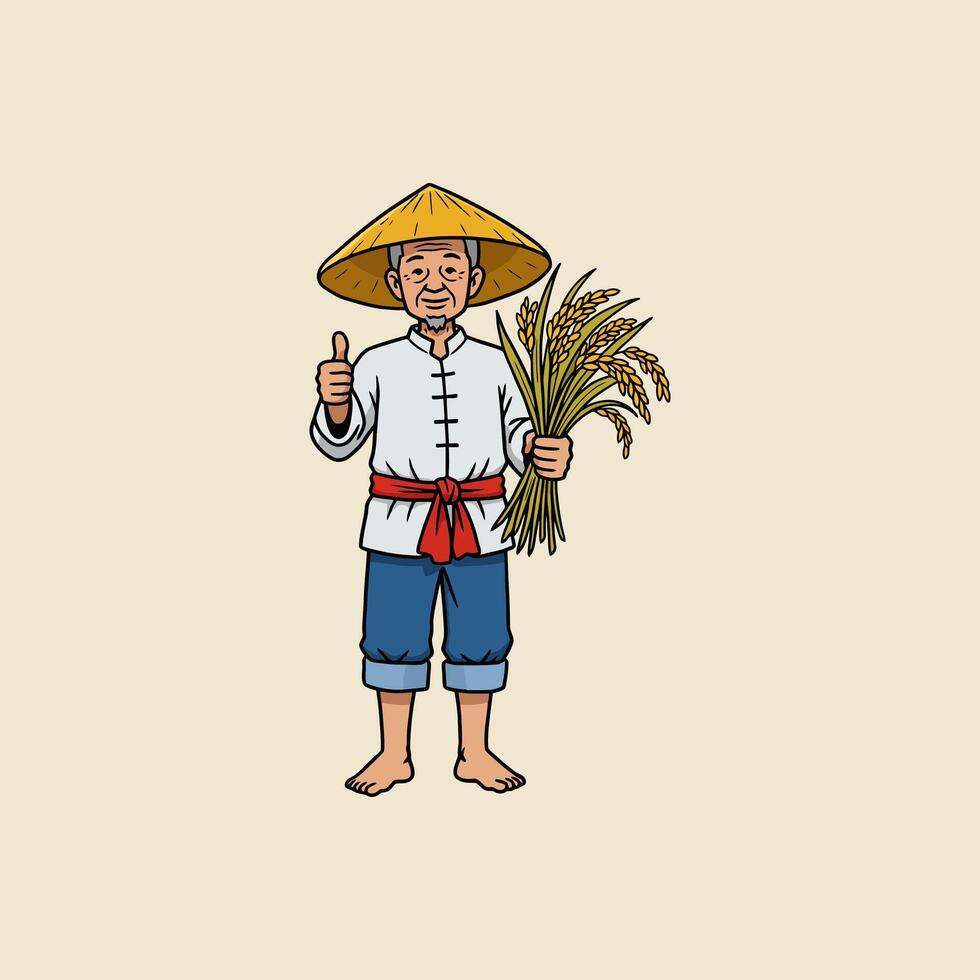An illustration of an elderly Asian farmer, wearing traditional clothing, holding rice and giving a thumbs up gesture. vector