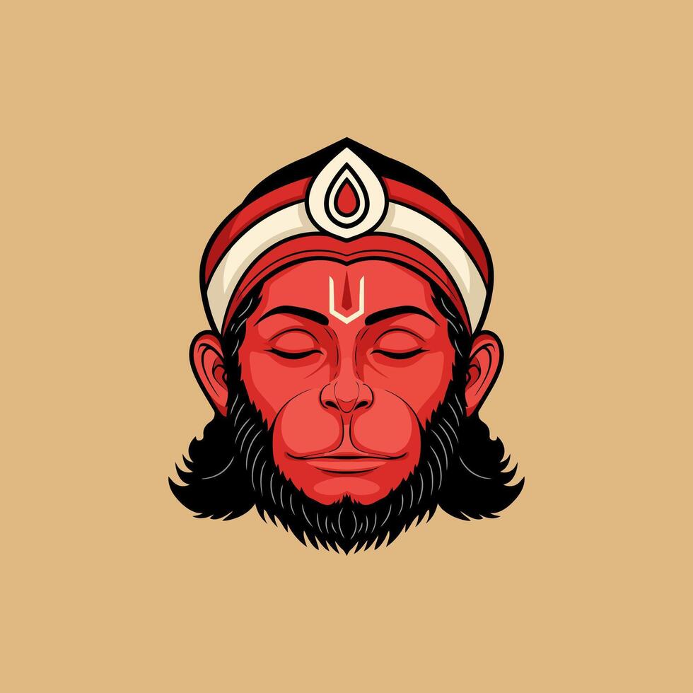 A stylized illustration shows the serene head of Hanuman, a Hindu deity, with closed eyes and traditional headdress. vector