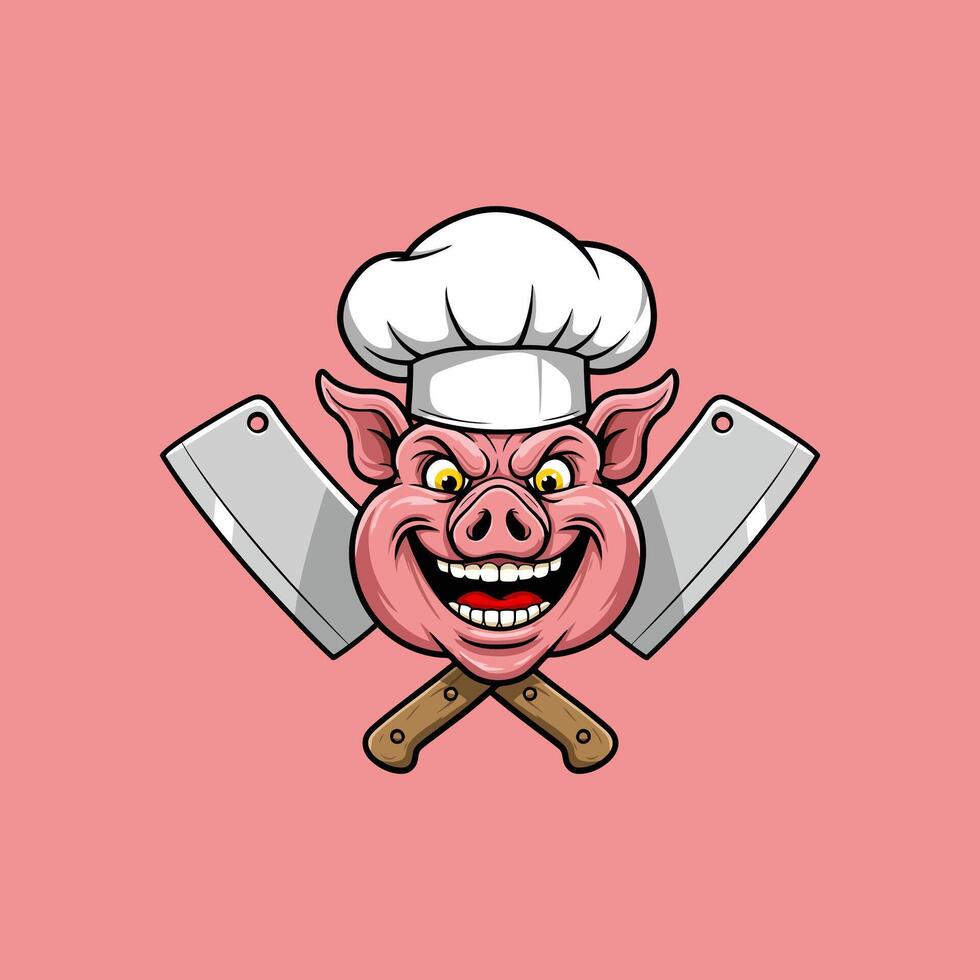 A cartoon illustration of a happy pig wearing a chef's hat and holding crossed cleavers. vector