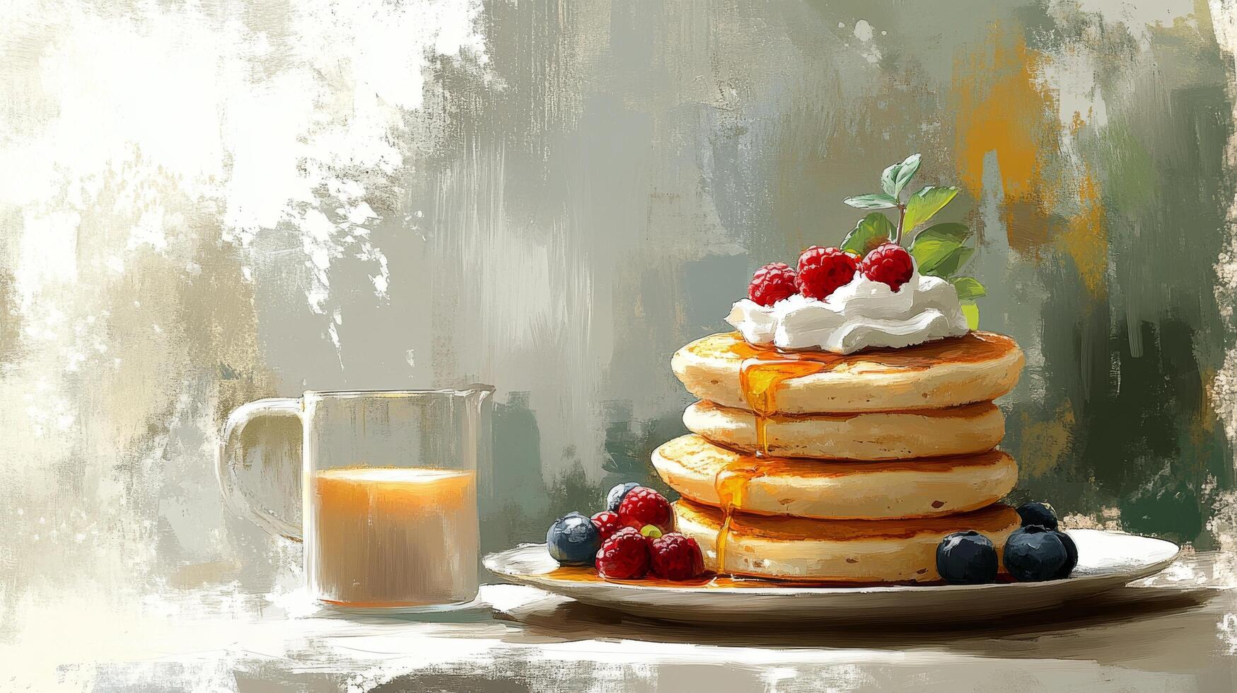 Delicious stack of pancakes topped with berries and whipped cream served with coffee photo