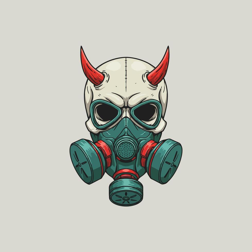 A stylized illustration depicts a skull with horns wearing a gas mask, suggesting danger and dystopia. vector